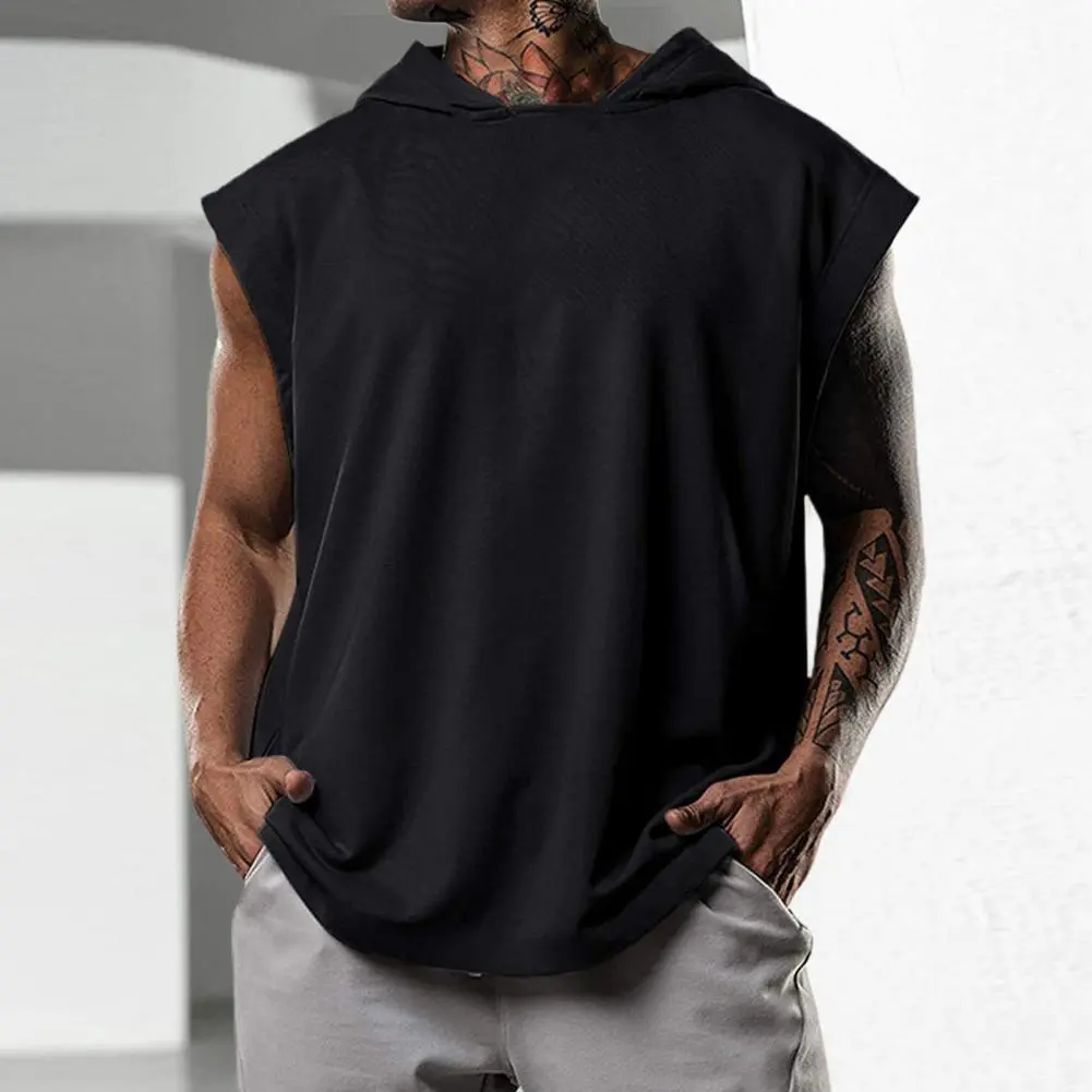 European And American Summer Shirt Men's Solid Sleeveless Loose Sports Fitness Hooded T-shirt Sweat Absorption Leisure T-shirt