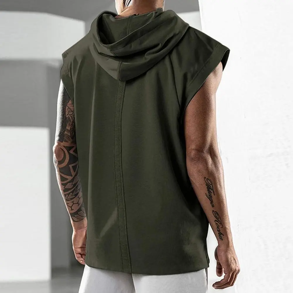 European And American Summer Shirt Men's Solid Sleeveless Loose Sports Fitness Hooded T-shirt Sweat Absorption Leisure T-shirt