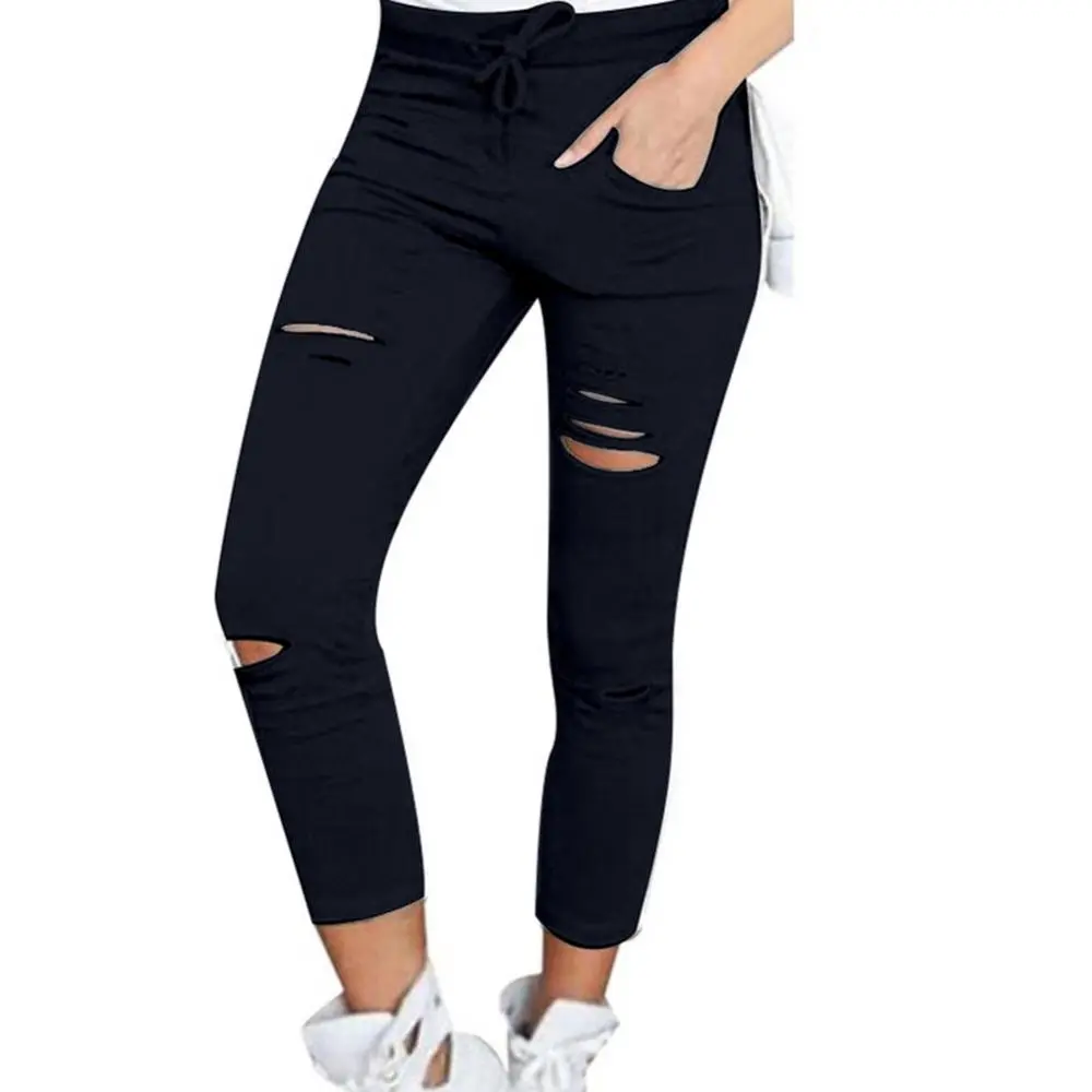 High Waisted Cotton Jeans Sexy Women's Elastic Pencil Pants Tight Fitting Perforated Drawstring Ripped Skinny Leggings