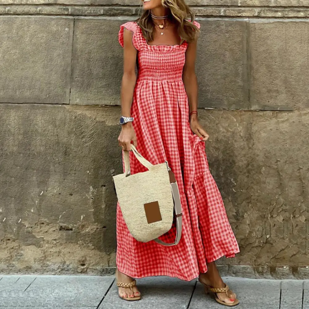 2025 Women Holiday Beach Dress Square Collar Elastic Chest Wrap Ruffle Hem Suspender Summer Dress Women Plaid Sling Maxi Dress