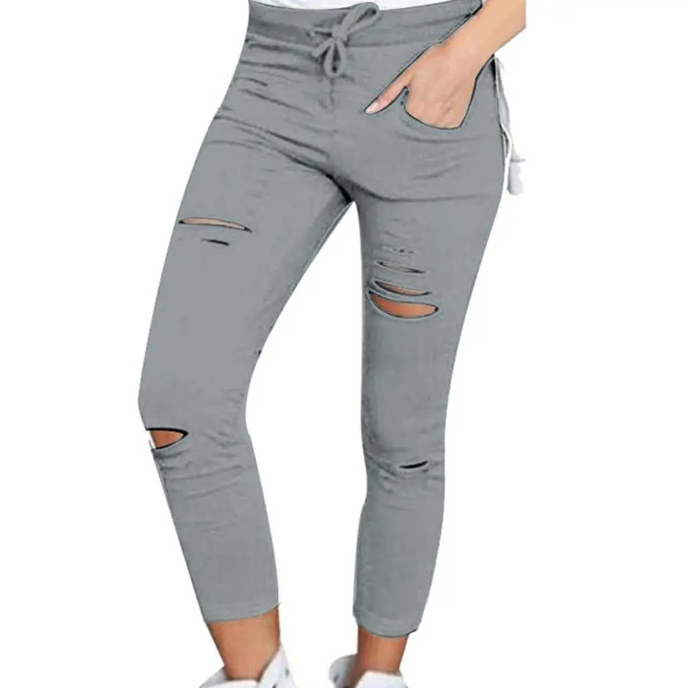 High Waisted Cotton Jeans Sexy Women's Elastic Pencil Pants Tight Fitting Perforated Drawstring Ripped Skinny Leggings