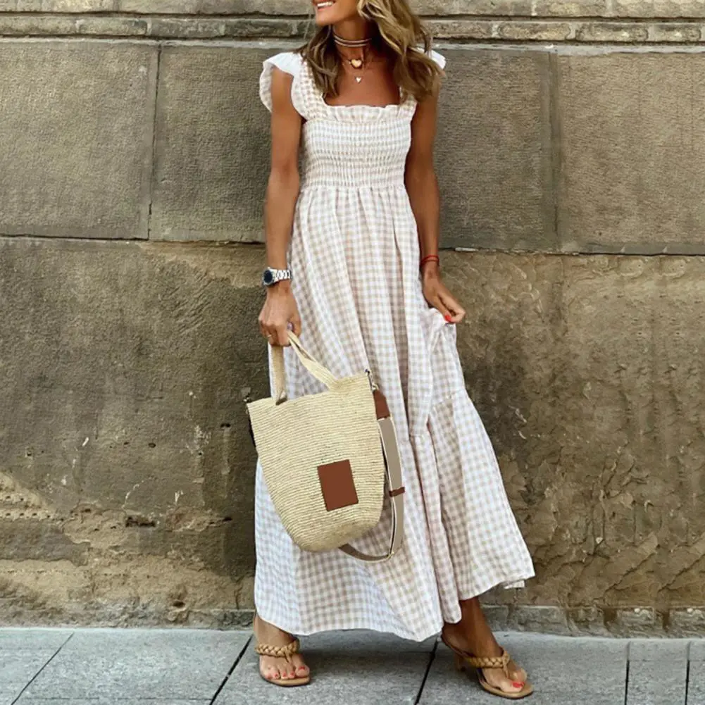 2025 Women Holiday Beach Dress Square Collar Elastic Chest Wrap Ruffle Hem Suspender Summer Dress Women Plaid Sling Maxi Dress