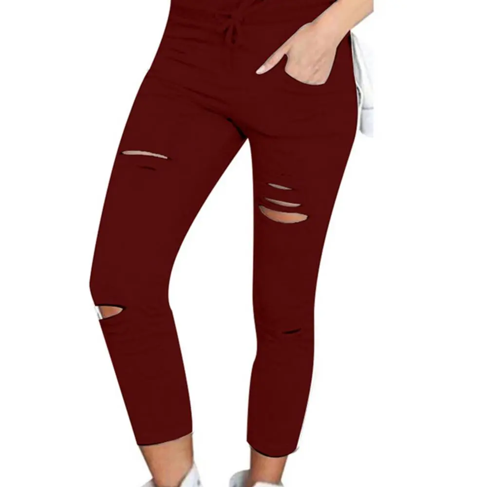 High Waisted Cotton Jeans Sexy Women's Elastic Pencil Pants Tight Fitting Perforated Drawstring Ripped Skinny Leggings