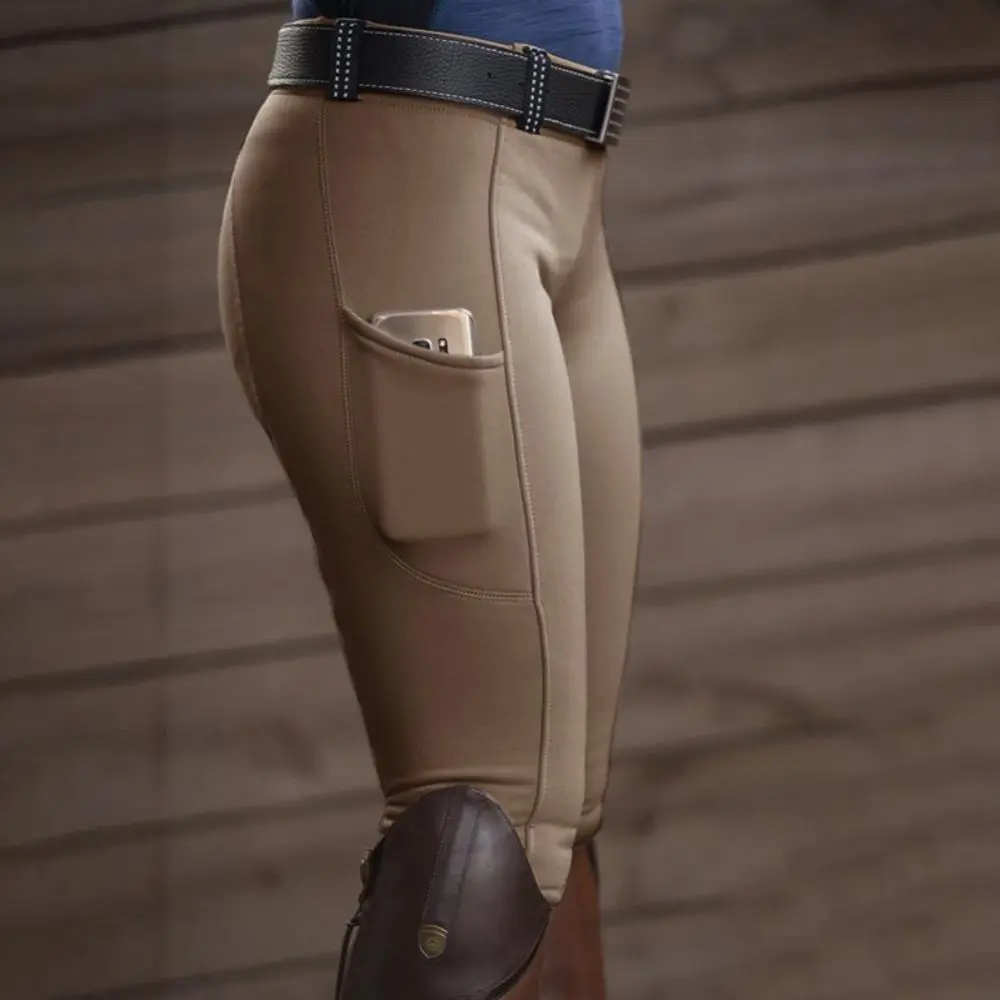 Women Solid Color Pocket Hip Lift Elastic Equestrian Pants Horse Racing Trousers Competition Horse Riding Tights Riding Pants