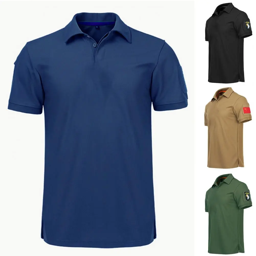 Mens Short Sleeve Sport T Shirts Quick Dry Running T Shirt Military Shirts Casual Lapel Buttons Pullover Fitness Shirt