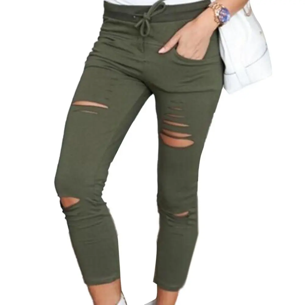 High Waisted Cotton Jeans Sexy Women's Elastic Pencil Pants Tight Fitting Perforated Drawstring Ripped Skinny Leggings