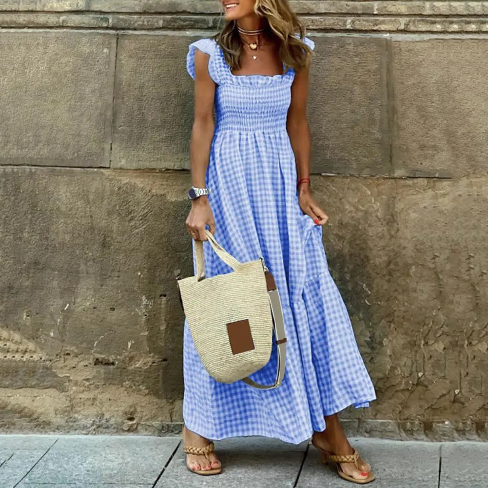 2025 Women Holiday Beach Dress Square Collar Elastic Chest Wrap Ruffle Hem Suspender Summer Dress Women Plaid Sling Maxi Dress