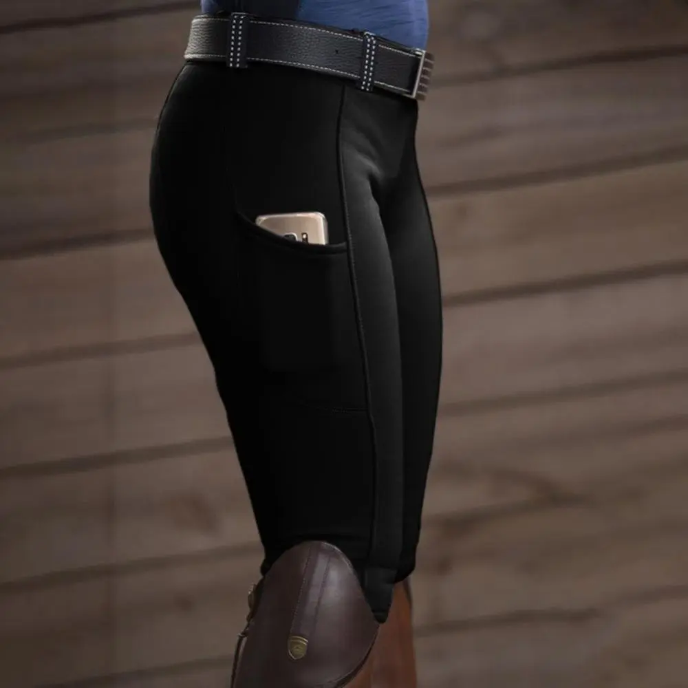 Women Solid Color Pocket Hip Lift Elastic Equestrian Pants Horse Racing Trousers Competition Horse Riding Tights Riding Pants