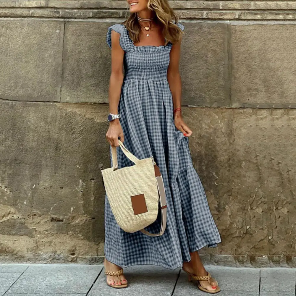 2025 Women Holiday Beach Dress Square Collar Elastic Chest Wrap Ruffle Hem Suspender Summer Dress Women Plaid Sling Maxi Dress
