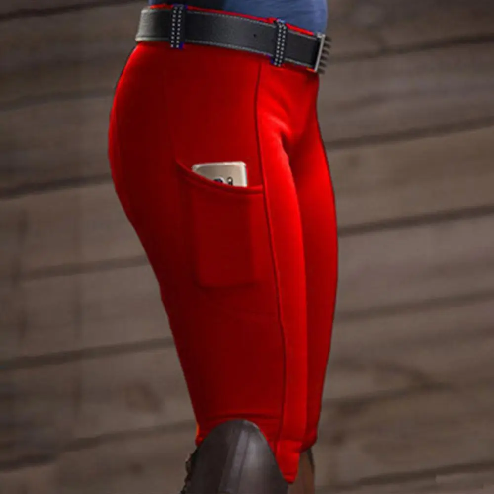 Women Solid Color Pocket Hip Lift Elastic Equestrian Pants Horse Racing Trousers Competition Horse Riding Tights Riding Pants