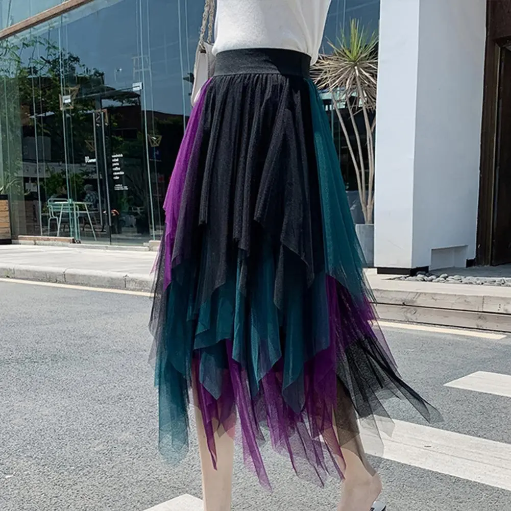 2025 Irregular Mesh Women Skirt High Elastic Waist Colorful Mesh Multi-layered Soft Mid-calf Length Pleated Women Midi Skirt