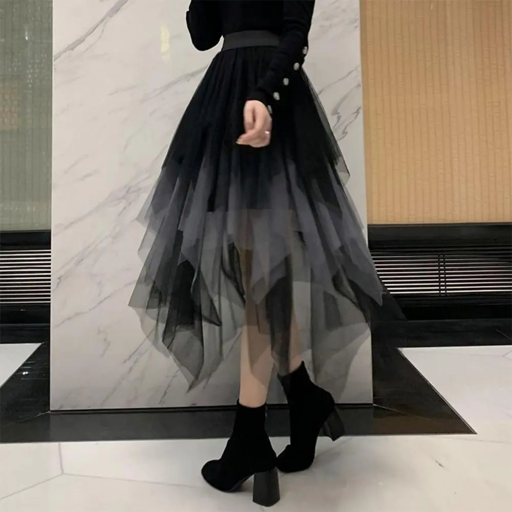 2025 Irregular Mesh Women Skirt High Elastic Waist Colorful Mesh Multi-layered Soft Mid-calf Length Pleated Women Midi Skirt