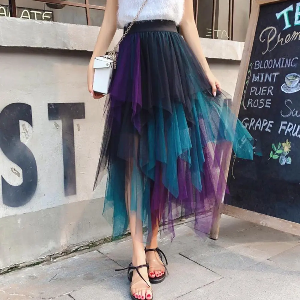 2025 Irregular Mesh Women Skirt High Elastic Waist Colorful Mesh Multi-layered Soft Mid-calf Length Pleated Women Midi Skirt