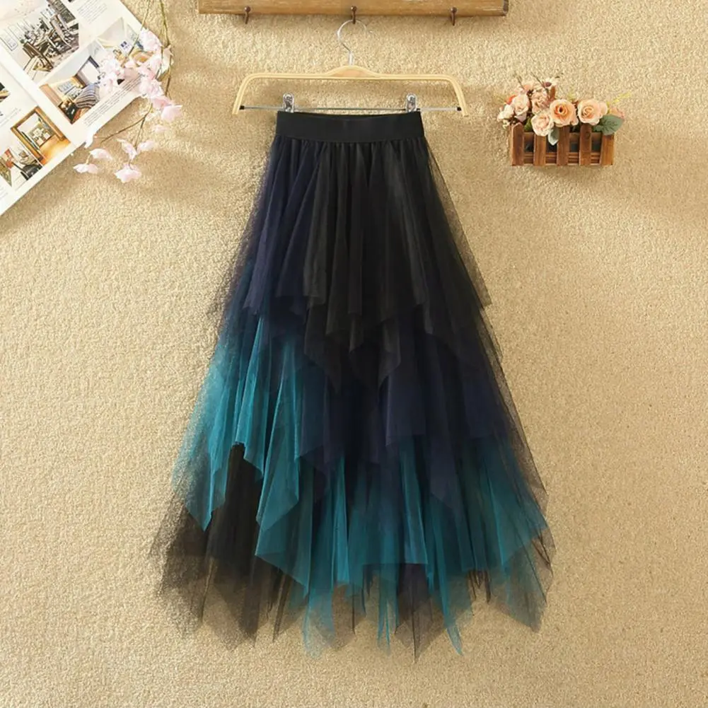 2025 Irregular Mesh Women Skirt High Elastic Waist Colorful Mesh Multi-layered Soft Mid-calf Length Pleated Women Midi Skirt
