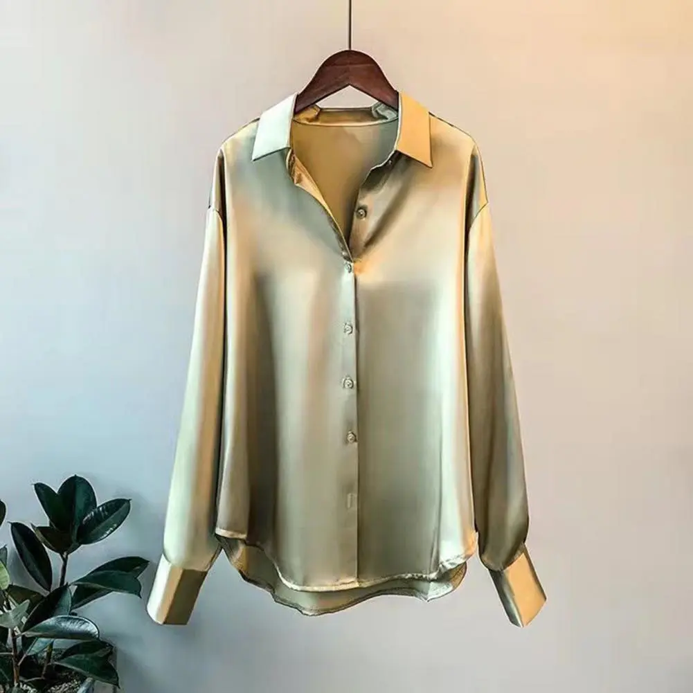 Long Sleeve Commute Shirt Women Spring Shirt Elegant Silky Satin Turn-down Collar Single-breasted Autumn Blouse 2025 Breathable