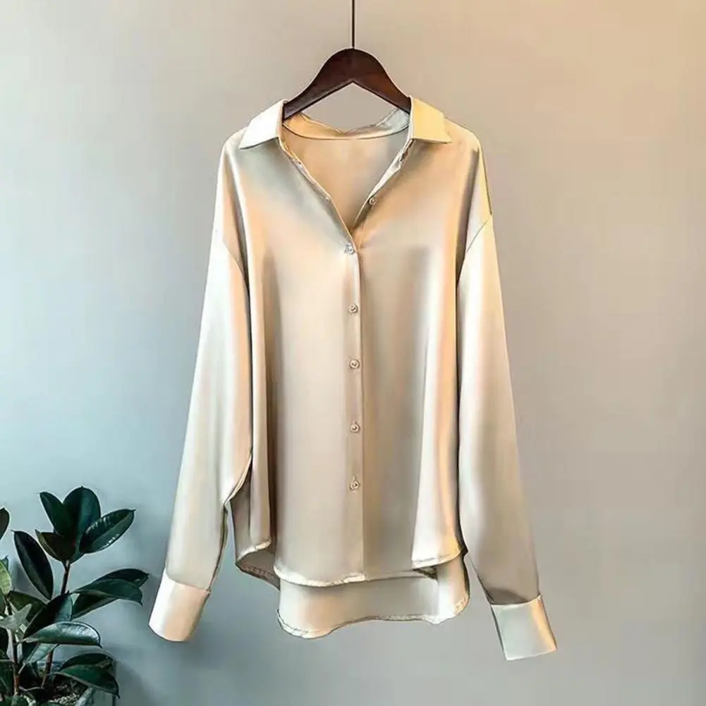 Long Sleeve Commute Shirt Women Spring Shirt Elegant Silky Satin Turn-down Collar Single-breasted Autumn Blouse 2025 Breathable