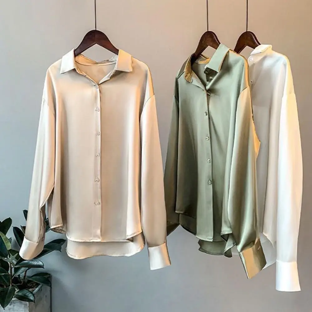 Long Sleeve Commute Shirt Women Spring Shirt Elegant Silky Satin Turn-down Collar Single-breasted Autumn Blouse 2025 Breathable