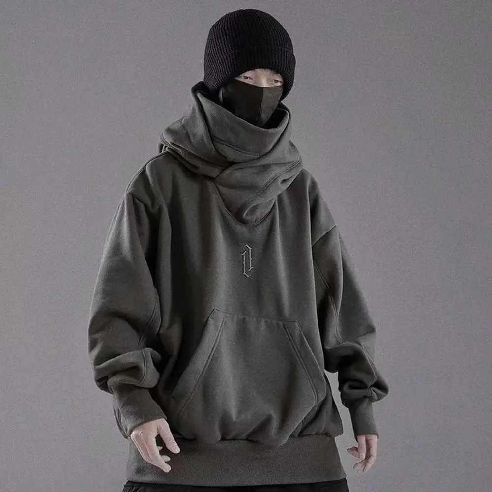 2024 Turtleneck Men Hoodie Thermal Thick Oversized Big Pocket Sweatshirt Hip Hop Warm High Collar High Street Winter Hoody