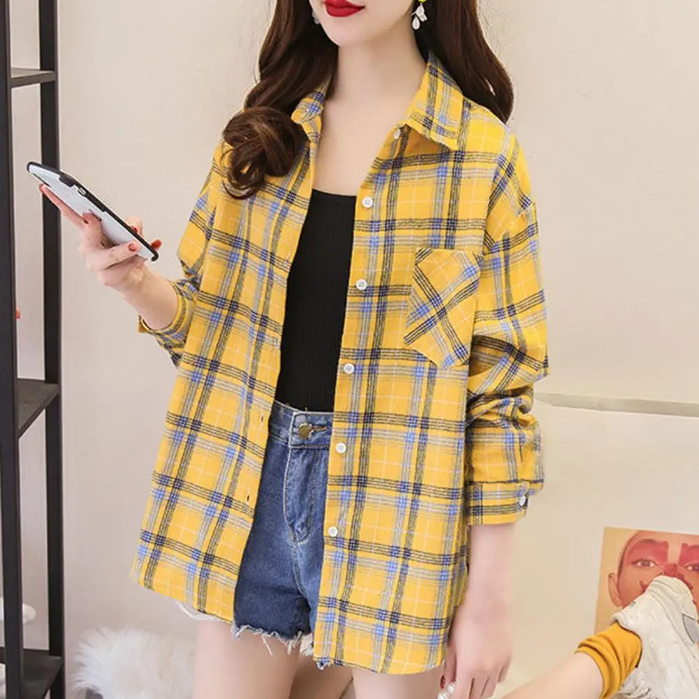 2024 Oversized Plaid Shirt Fashion Korean Patch Pocket Loose Shirt Coat Harajuku All-match Long Sleeve Chic Female Shirts Blouse