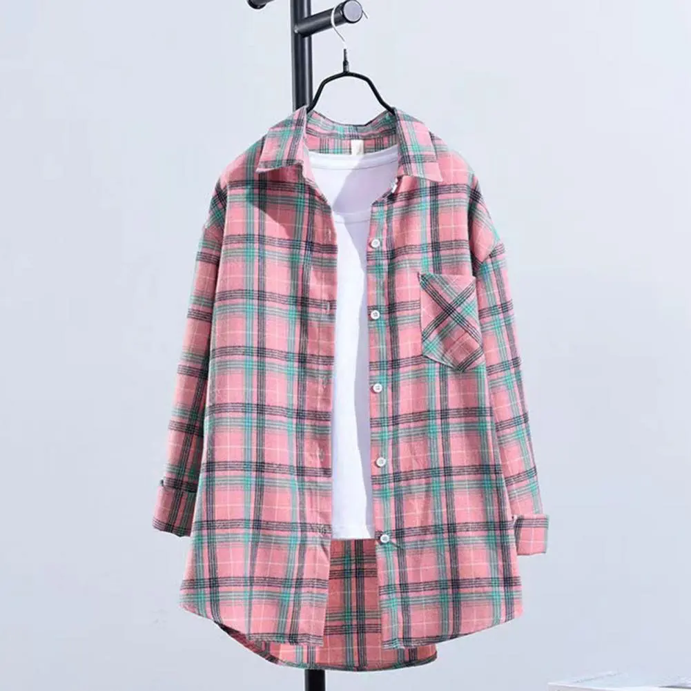 2024 Oversized Plaid Shirt Fashion Korean Patch Pocket Loose Shirt Coat Harajuku All-match Long Sleeve Chic Female Shirts Blouse
