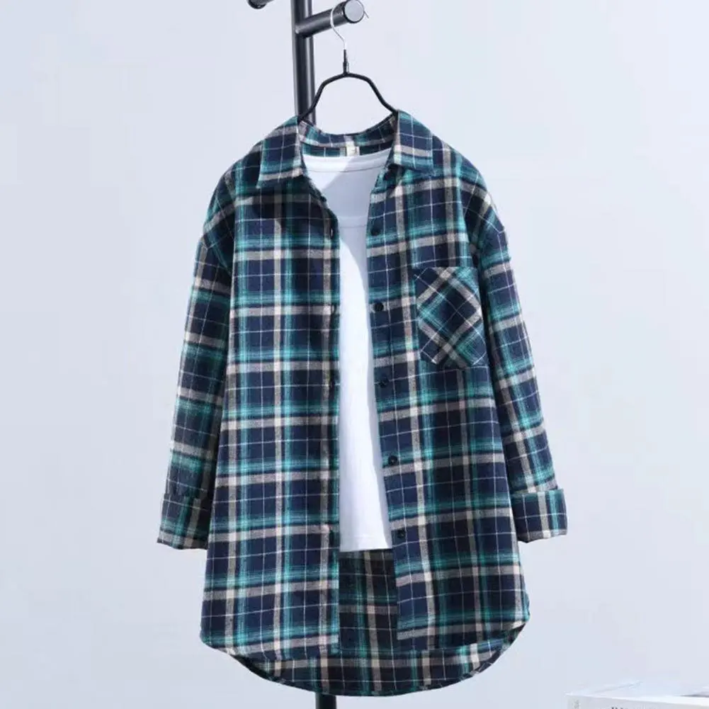 2024 Oversized Plaid Shirt Fashion Korean Patch Pocket Loose Shirt Coat Harajuku All-match Long Sleeve Chic Female Shirts Blouse
