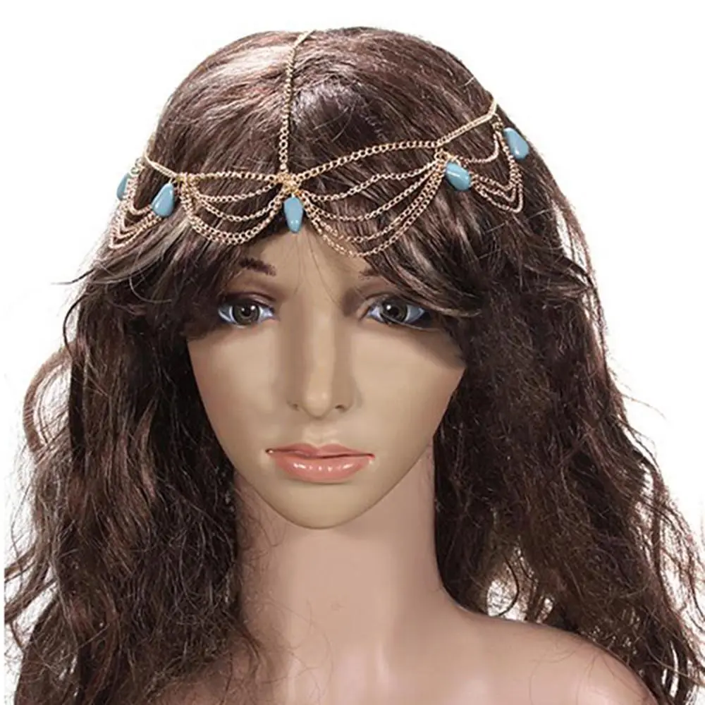 Boho Fashion Crystal Head Chain Charm Bohemian Hair Crown Cuff Headband Elegant Headpiece Bling Bridal Chain Indian Jewelry
