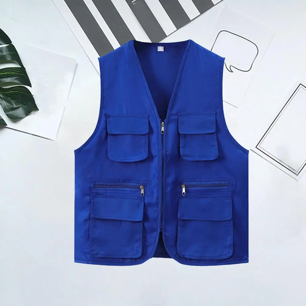Solid Color Waistcoat Multiple Pockets Vest Coat V-neck Zipper Placket Thin Unisex Outdoor Photographer Volunteer Vest Jacket