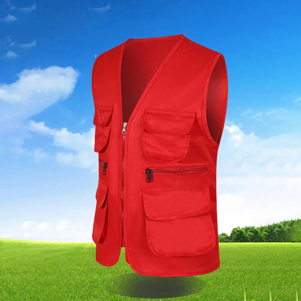 Solid Color Waistcoat Multiple Pockets Vest Coat V-neck Zipper Placket Thin Unisex Outdoor Photographer Volunteer Vest Jacket