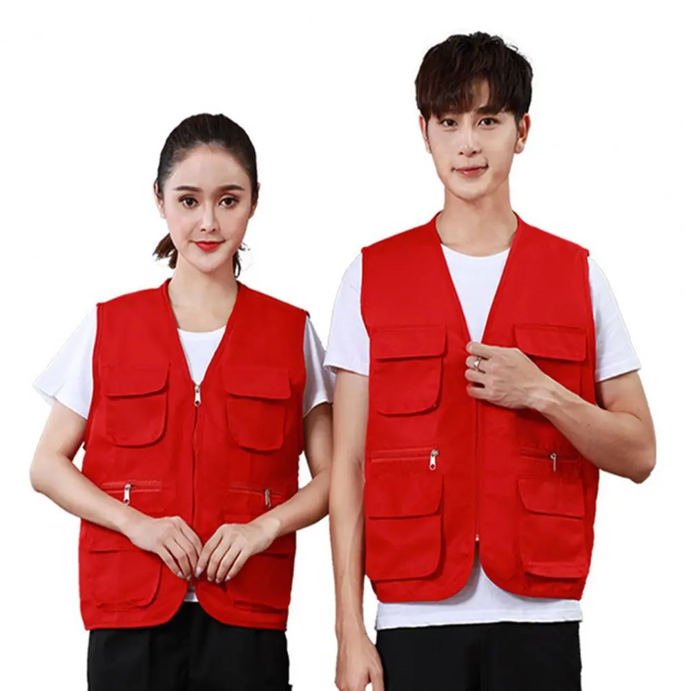 Solid Color Waistcoat Multiple Pockets Vest Coat V-neck Zipper Placket Thin Unisex Outdoor Photographer Volunteer Vest Jacket
