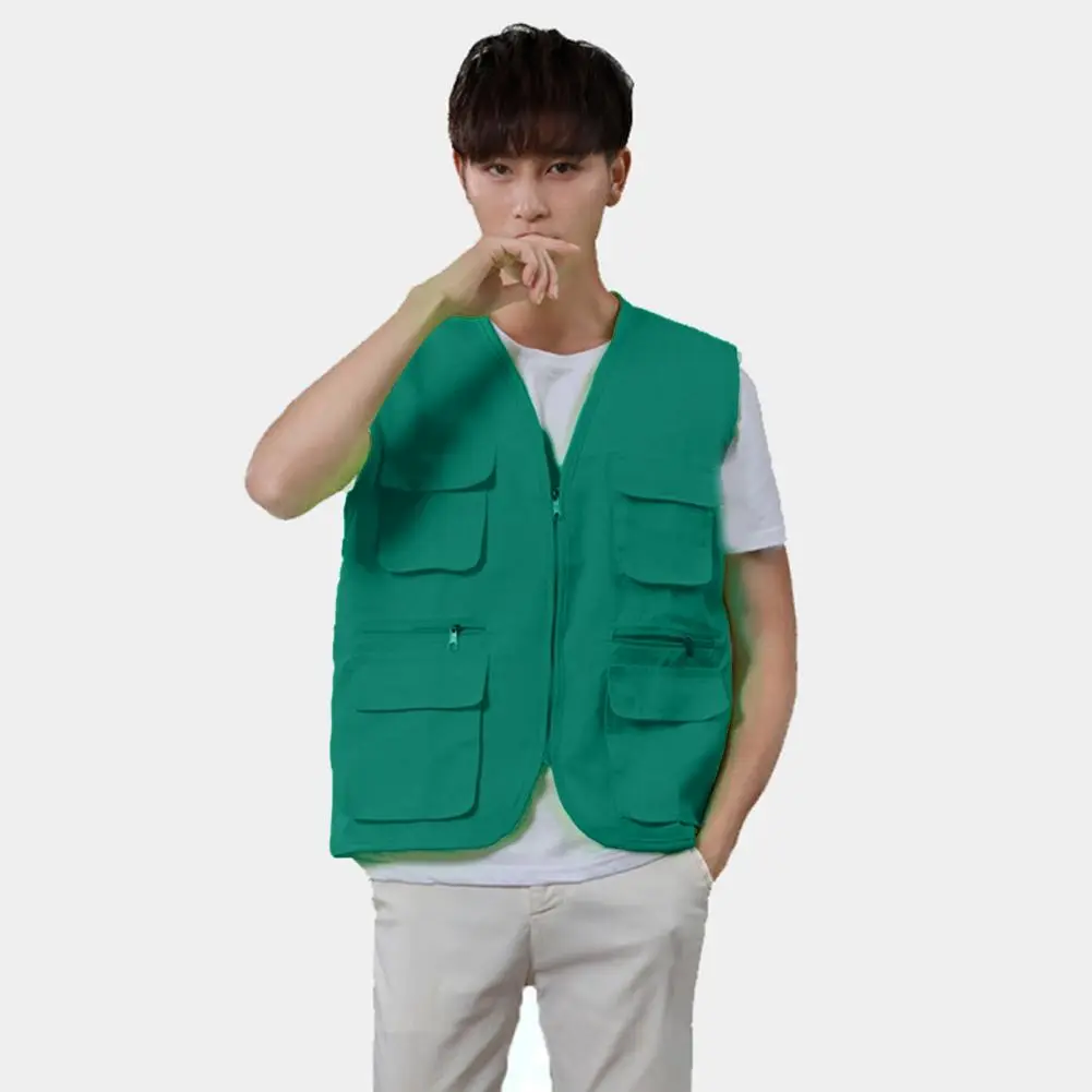 Solid Color Waistcoat Multiple Pockets Vest Coat V-neck Zipper Placket Thin Unisex Outdoor Photographer Volunteer Vest Jacket