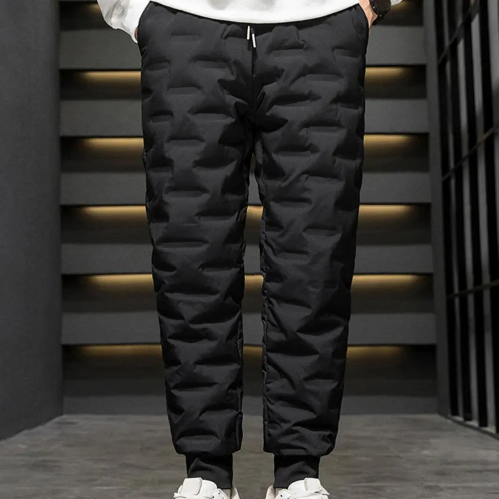 Men Cotton Pants Elastic Waist Winter Duck Down Padded Thermal Trousers Casual Pants Waterproof Windproof Warm Cotton Pants