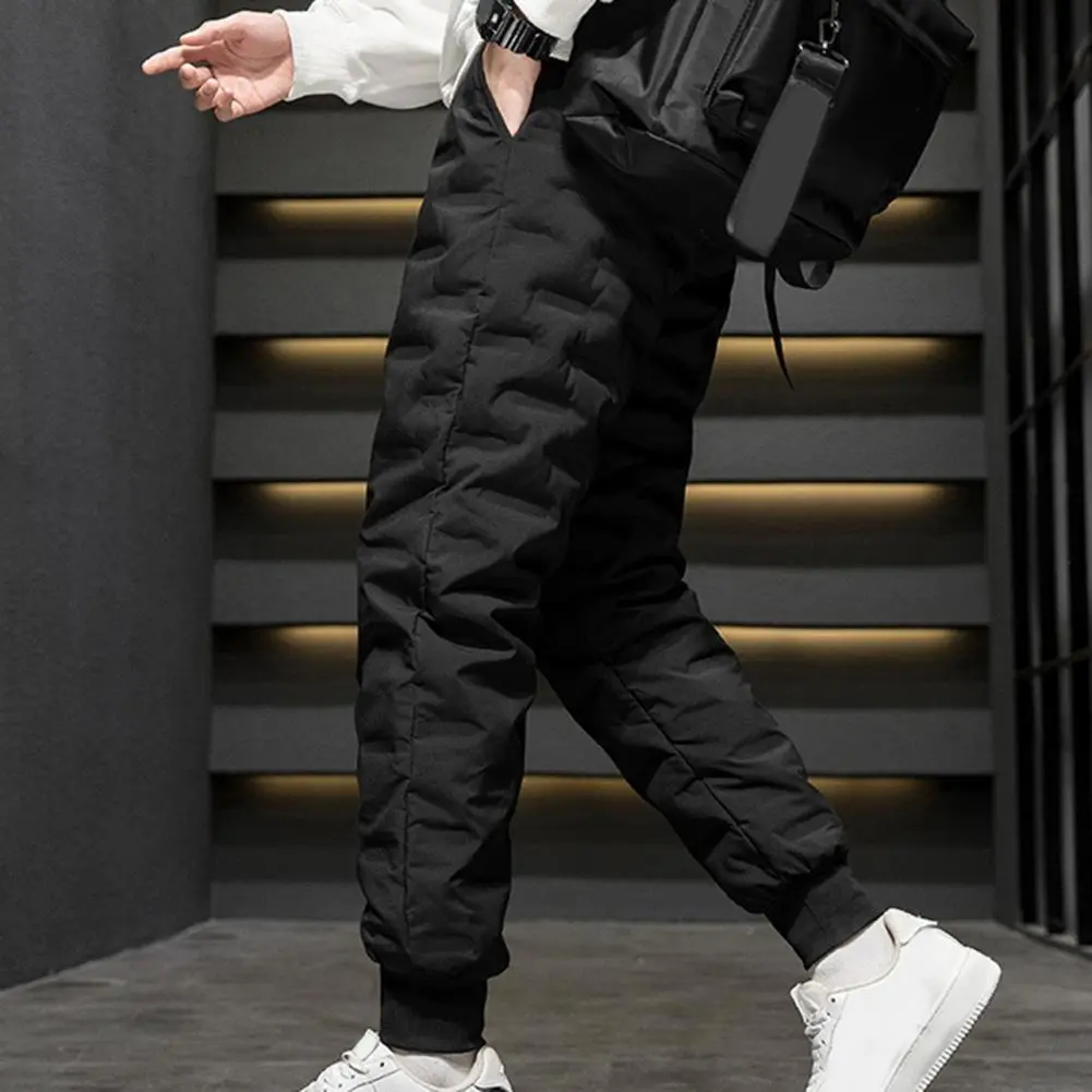 Men Cotton Pants Elastic Waist Winter Duck Down Padded Thermal Trousers Casual Pants Waterproof Windproof Warm Cotton Pants