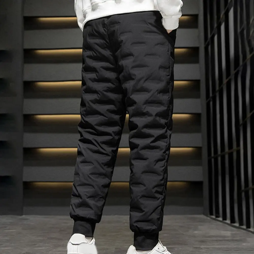 Men Cotton Pants Elastic Waist Winter Duck Down Padded Thermal Trousers Casual Pants Waterproof Windproof Warm Cotton Pants