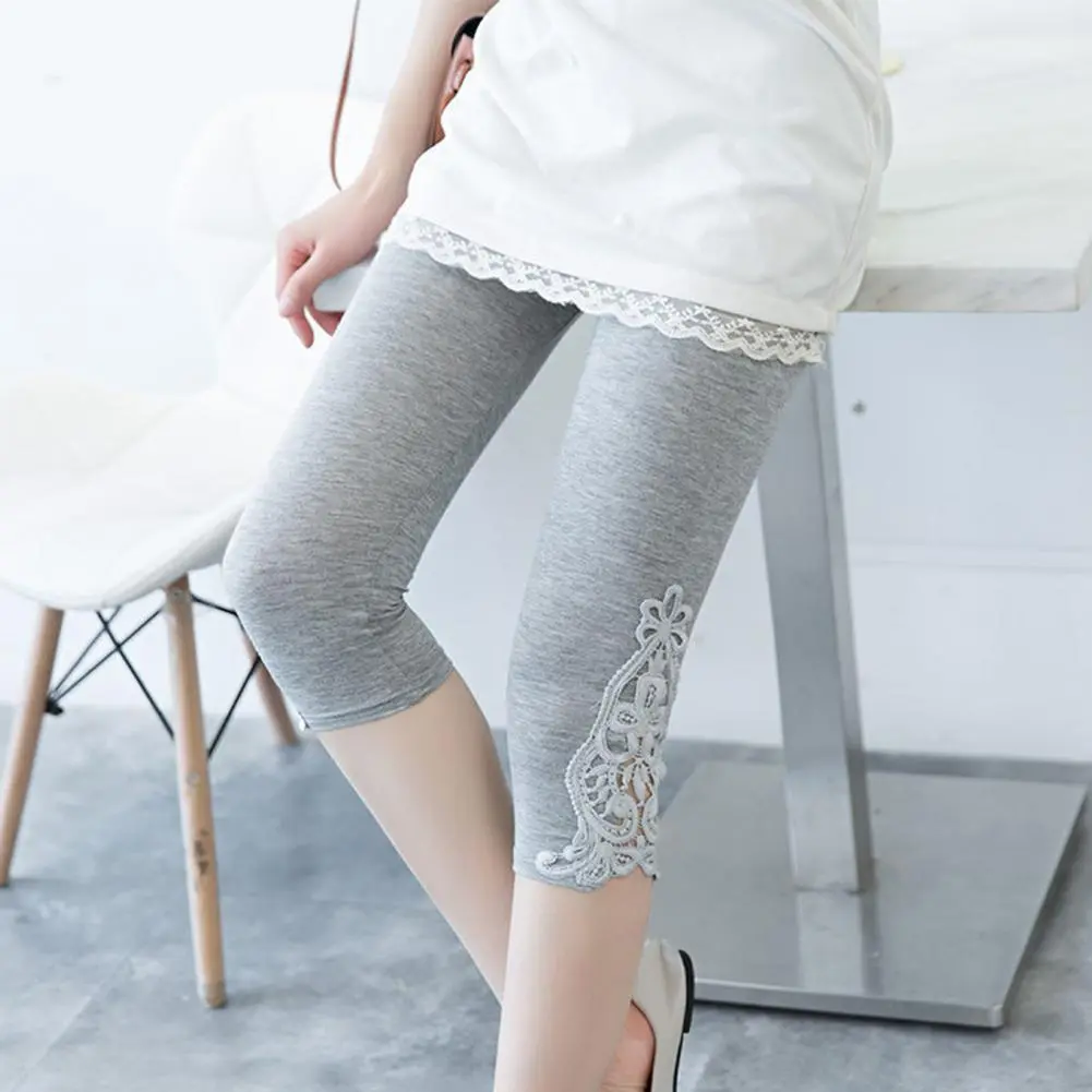 Embroidery Lace Stitching Women Leggings Elastic Waist Summer Tight-Fitting Pants Stretchy Cropped Pants Women Soft Capris