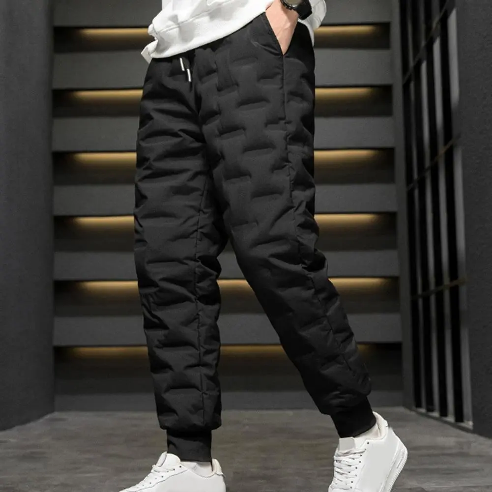 Men Cotton Pants Elastic Waist Winter Duck Down Padded Thermal Trousers Casual Pants Waterproof Windproof Warm Cotton Pants