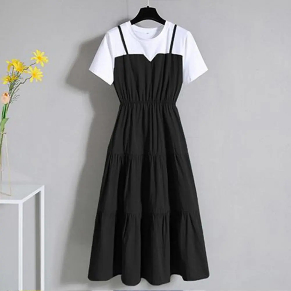 Fake Two Pieces Women Dress Color Block Short Sleeve Waist Tight Long Dress Korean Fashion Summer Midi Dresses Streetwear