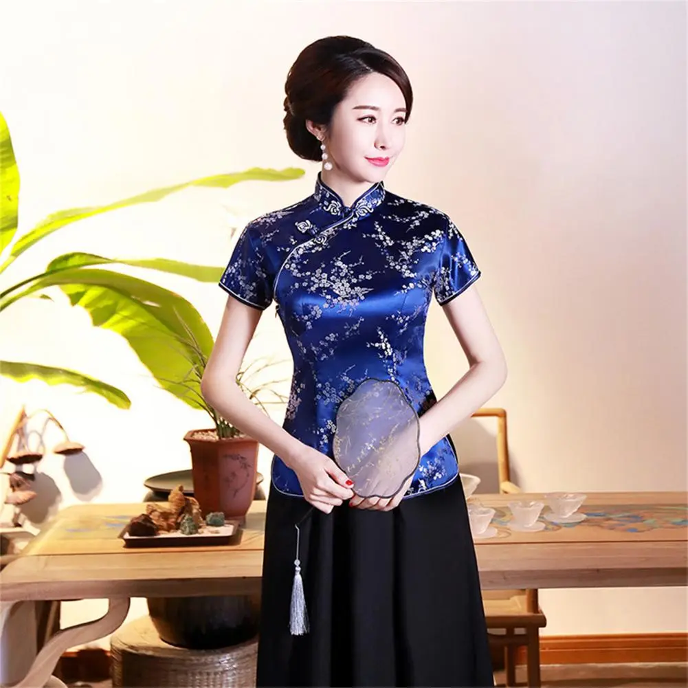 Women Cheongsam Shirt Chinese Style Plum Print Summer Stand Collar Buckles Cheongsam Top Wedding Banquet Prom Women Blouse