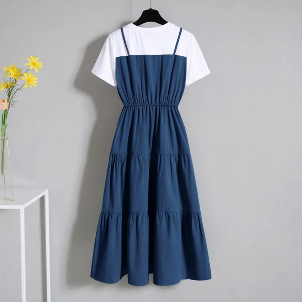 Fake Two Pieces Women Dress Color Block Short Sleeve Waist Tight Long Dress Korean Fashion Summer Midi Dresses Streetwear