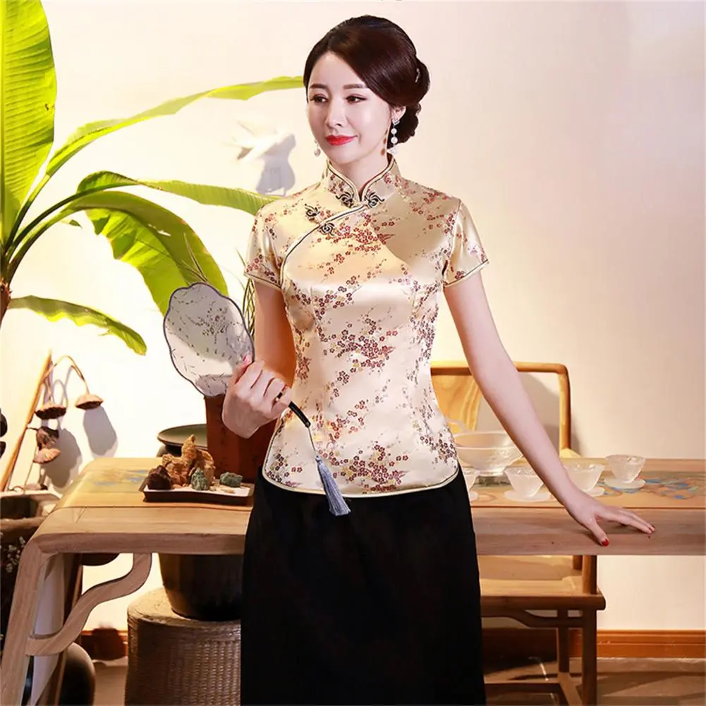 Women Cheongsam Shirt Chinese Style Plum Print Summer Stand Collar Buckles Cheongsam Top Wedding Banquet Prom Women Blouse