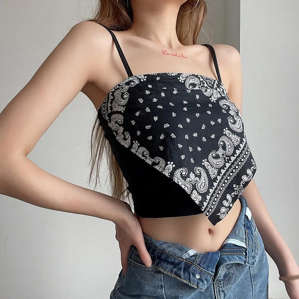 Spaghetti Strap Tank Top Sexy Backless Camisole Printed Blouse Summer Elegant Party Women Camis Korean Style Sexy Short Top