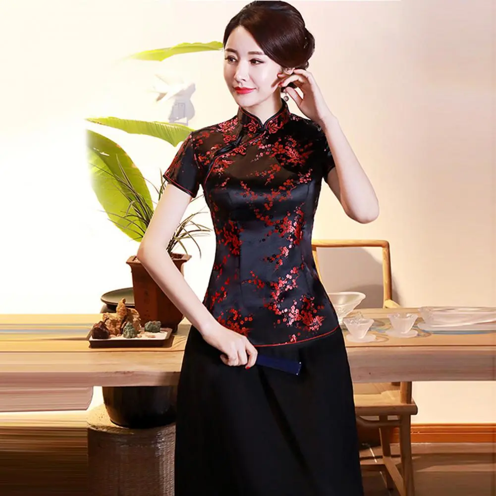 Women Cheongsam Shirt Chinese Style Plum Print Summer Stand Collar Buckles Cheongsam Top Wedding Banquet Prom Women Blouse