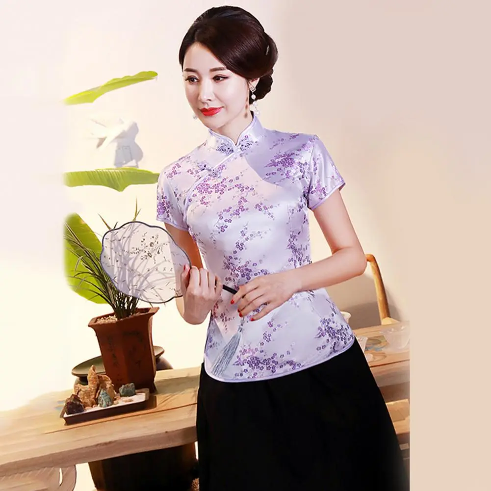 Women Cheongsam Shirt Chinese Style Plum Print Summer Stand Collar Buckles Cheongsam Top Wedding Banquet Prom Women Blouse