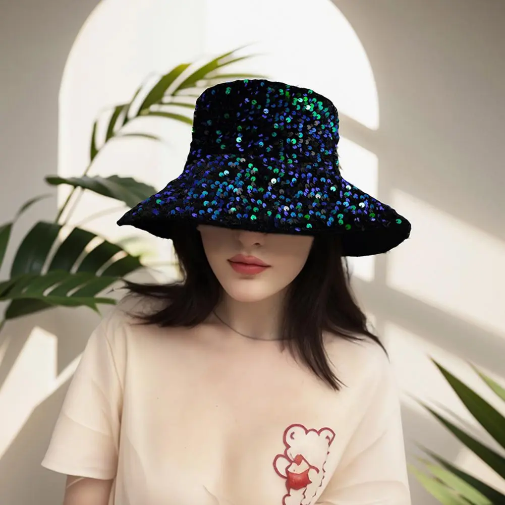 Outdoor Travel Hat Silver Sequin Hat Sequin Bucket Hat for Women Glitter Bling Disco Cap Fashionable Street Style for Outdoor