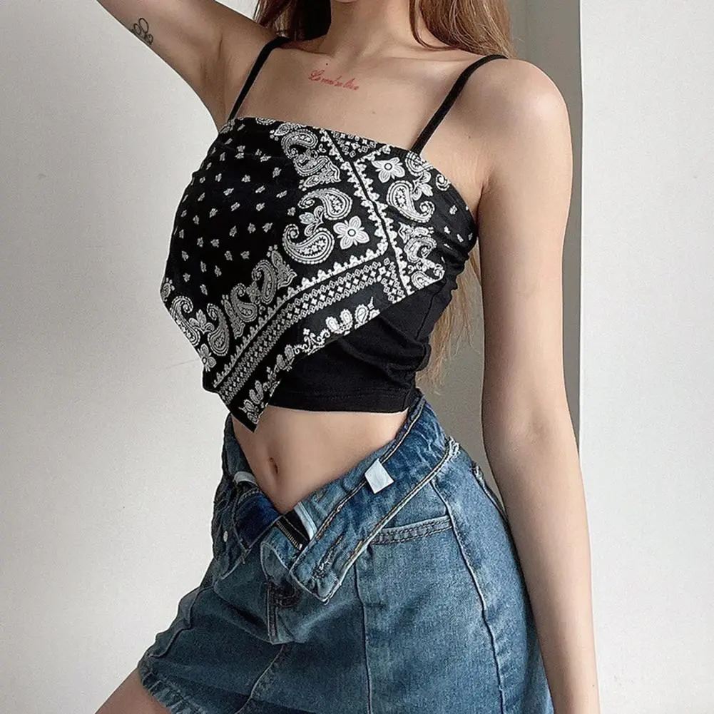Spaghetti Strap Tank Top Sexy Backless Camisole Printed Blouse Summer Elegant Party Women Camis Korean Style Sexy Short Top