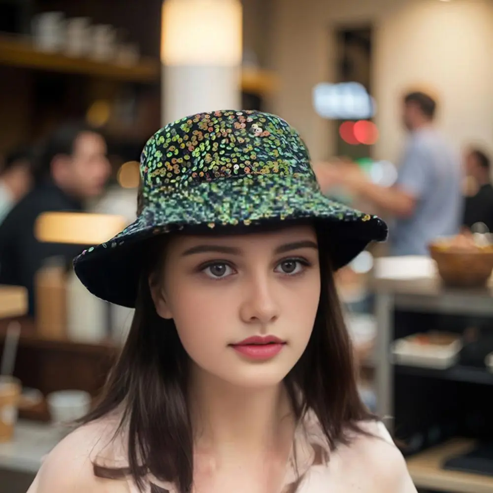 Outdoor Travel Hat Silver Sequin Hat Sequin Bucket Hat for Women Glitter Bling Disco Cap Fashionable Street Style for Outdoor
