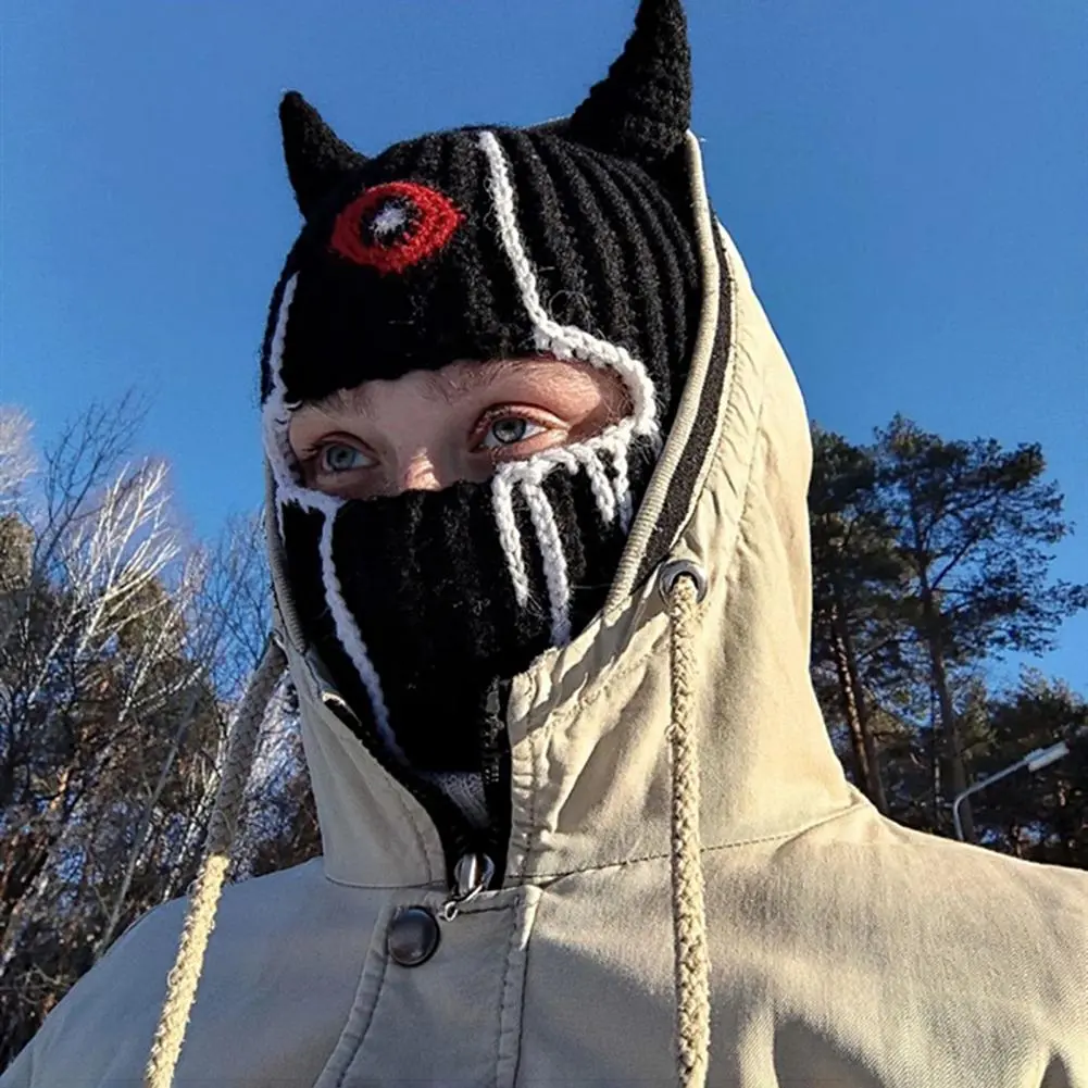Y2K Horn Decor Balaclava Cap Horn Shape Halloween Beanies Rabbit Ears Knitted Knitted Outdoor Sport Ski Beanies Balaclava