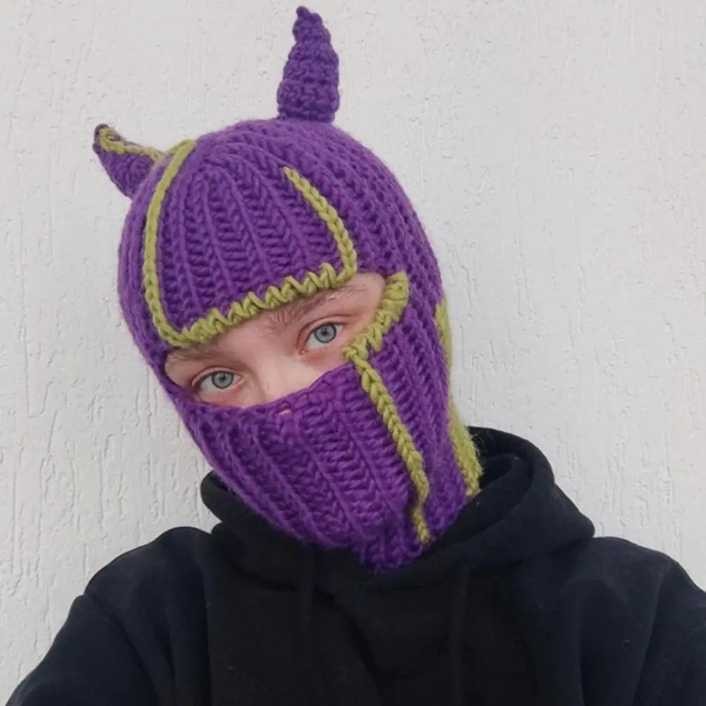 Y2K Horn Decor Balaclava Cap Horn Shape Halloween Beanies Rabbit Ears Knitted Knitted Outdoor Sport Ski Beanies Balaclava