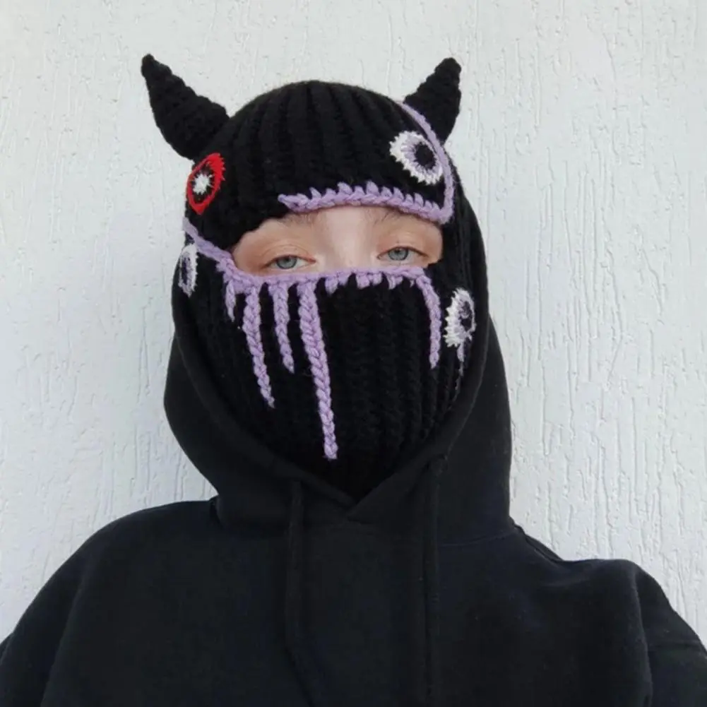 Y2K Horn Decor Balaclava Cap Horn Shape Halloween Beanies Rabbit Ears Knitted Knitted Outdoor Sport Ski Beanies Balaclava