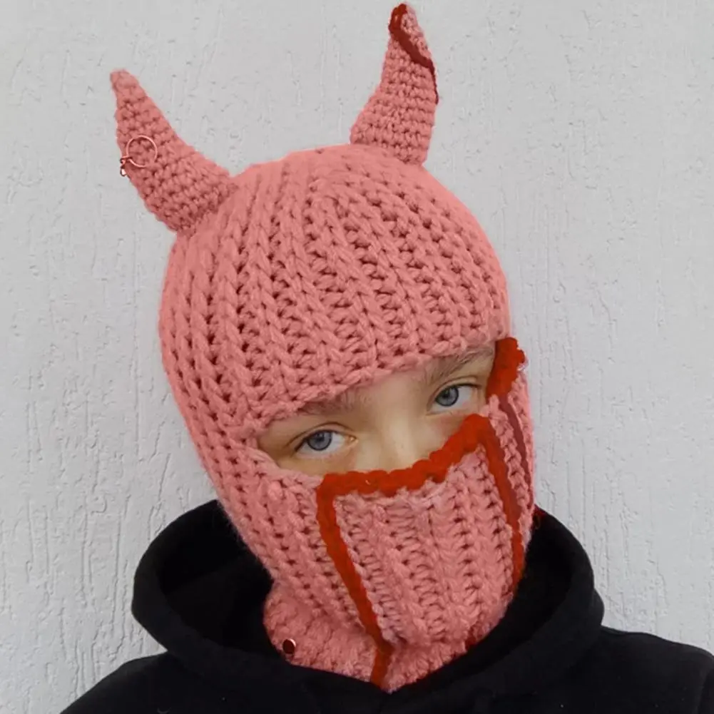 Y2K Horn Decor Balaclava Cap Horn Shape Halloween Beanies Rabbit Ears Knitted Knitted Outdoor Sport Ski Beanies Balaclava