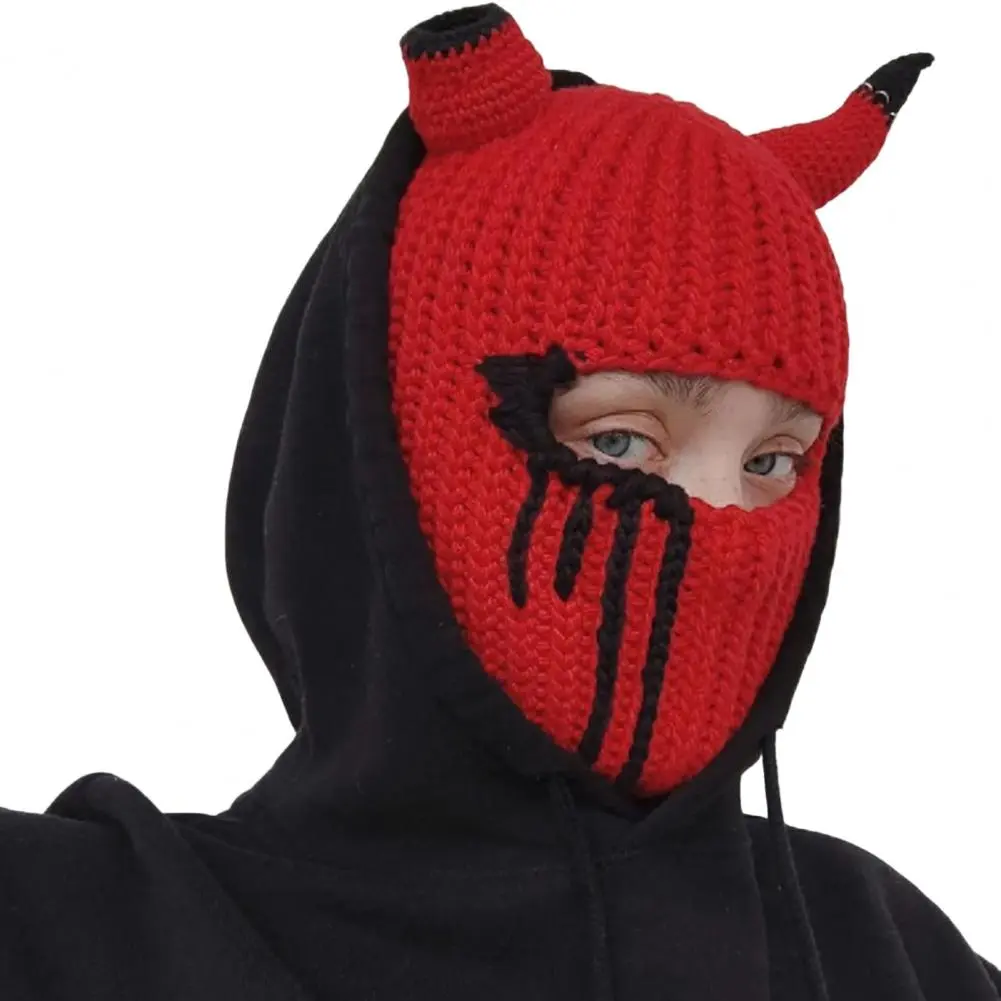 Y2K Horn Decor Balaclava Cap Horn Shape Halloween Beanies Rabbit Ears Knitted Knitted Outdoor Sport Ski Beanies Balaclava